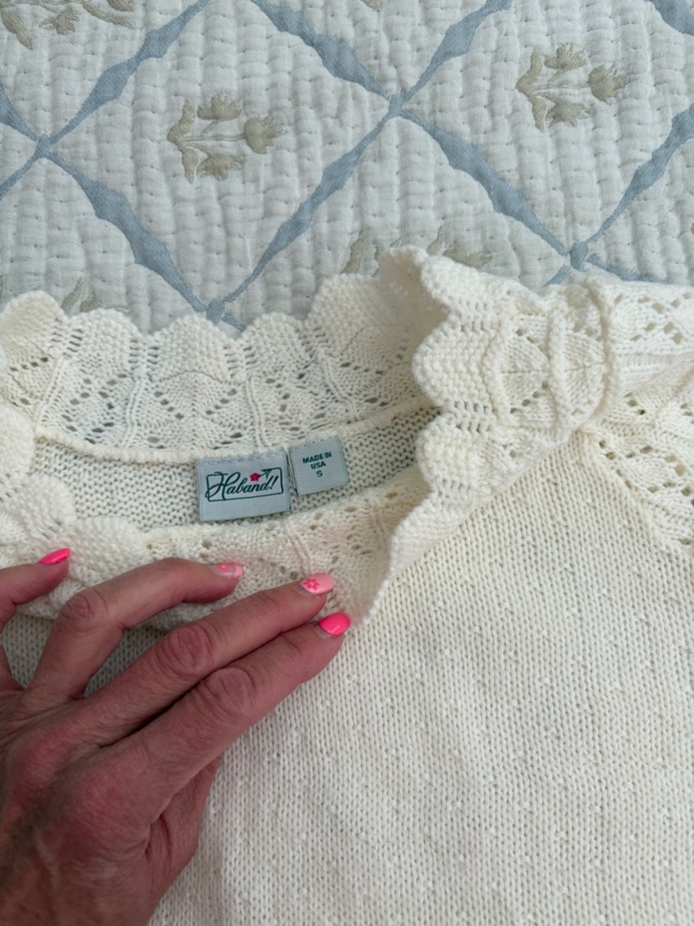 Haband Ivory Knit Sweater with Scalloped Lace Collar